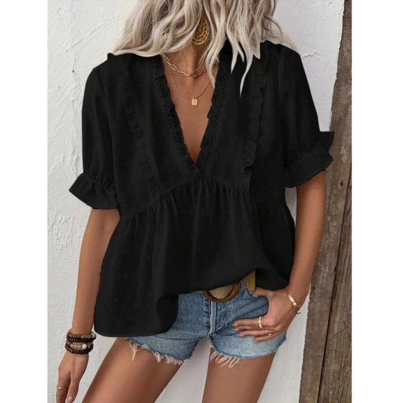 Black Swiss Dot Babydoll V-Neck Short Puff Sleeve Top Shirt Frill Ruffle Trim - Picture 1 of 8